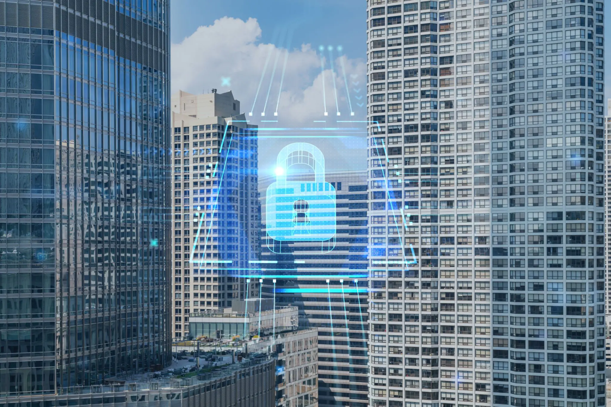 Digital lock overlay on city skyscrapers.