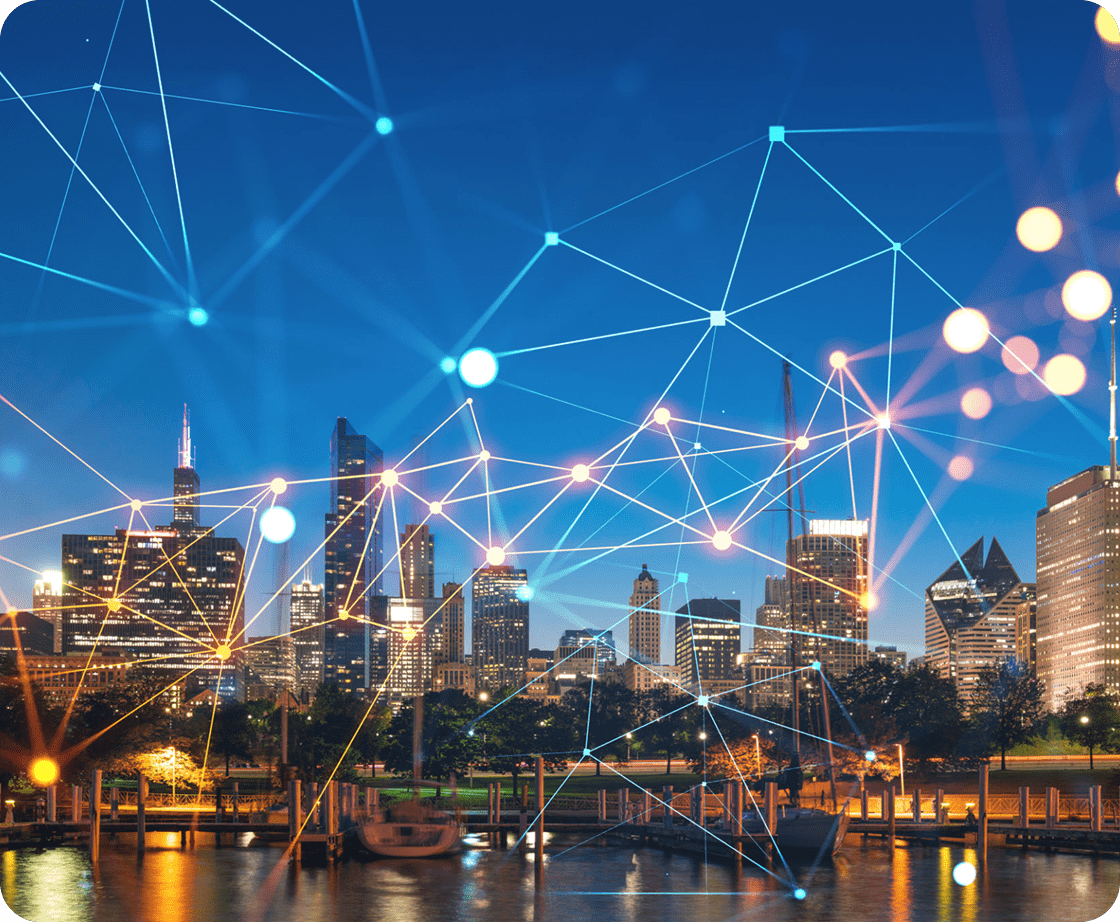 City skyline with digital network overlay.