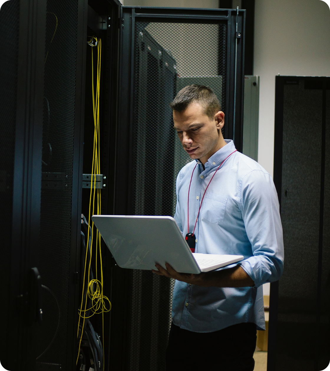 Man working in a server room.