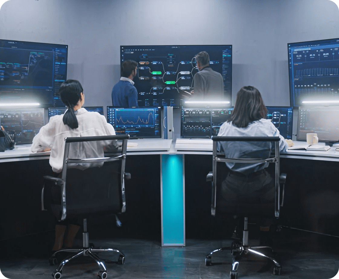 People working in a tech monitoring room.