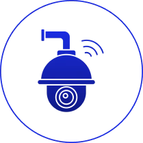 Blue security camera icon on black background.